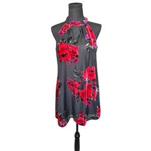 Lily Rose Velvet Burnout Floral Halter Dress XS Black/Red Keyhole Neckline Z100